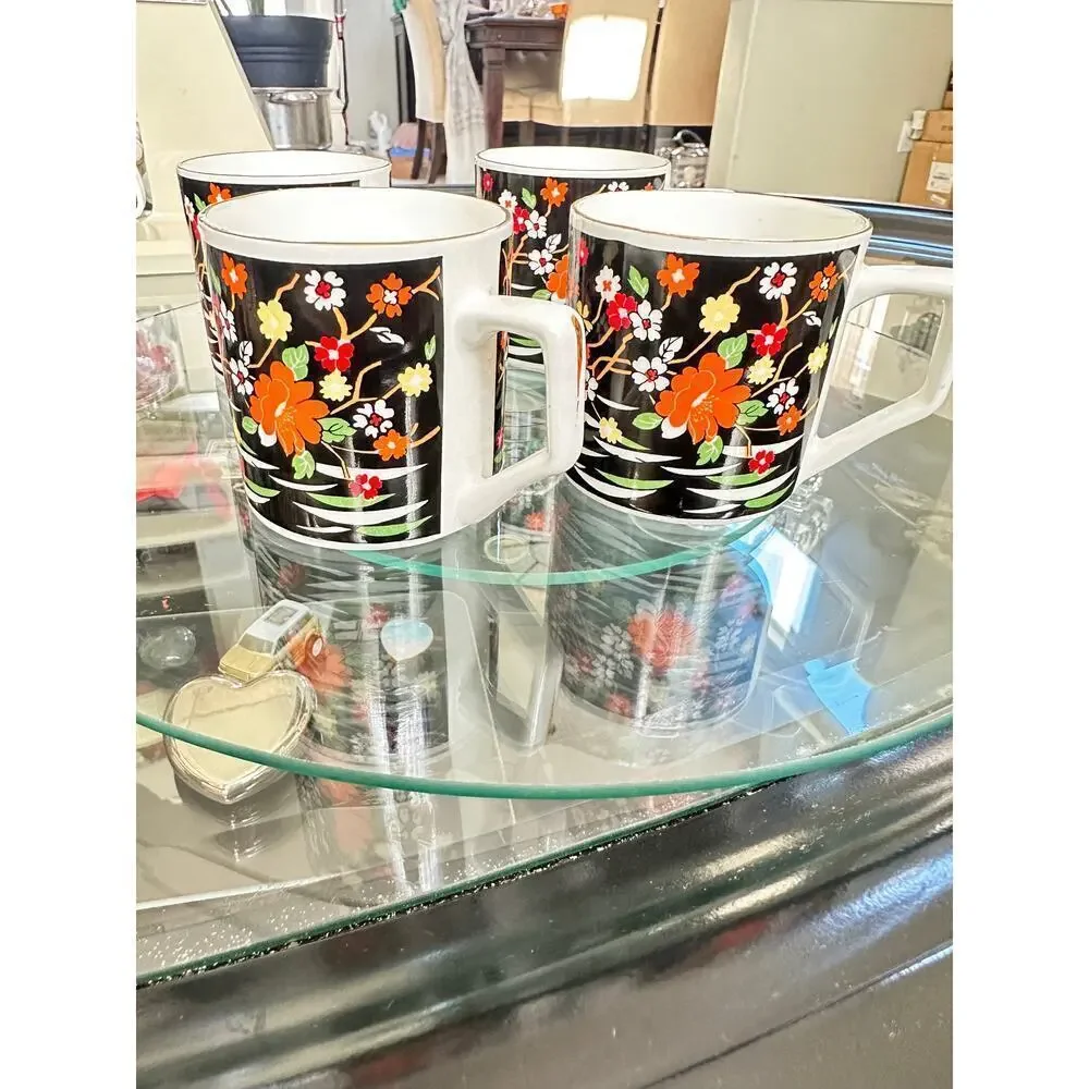 Set of 4 Bone China Mugs – Black Floral Japan-Inspired Pattern – Vintage